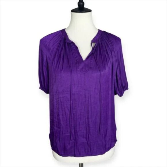Chelsea & Theodore‎ Purple Gathered Pleated V-Neck Satin Blouse Sz XS - Picture 1 of 8